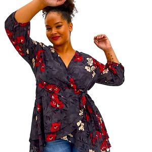 Torrid 2X Slate Grey Clip Floral Hi low wrap blouse NWT